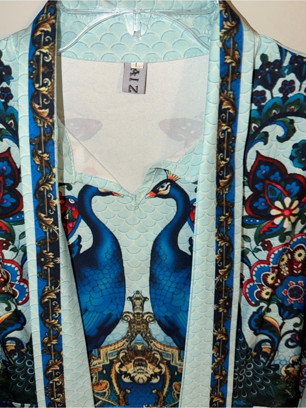 NWOT Aizhe Blue Multi-Color Floral/Peacock Print A-line Dress size L